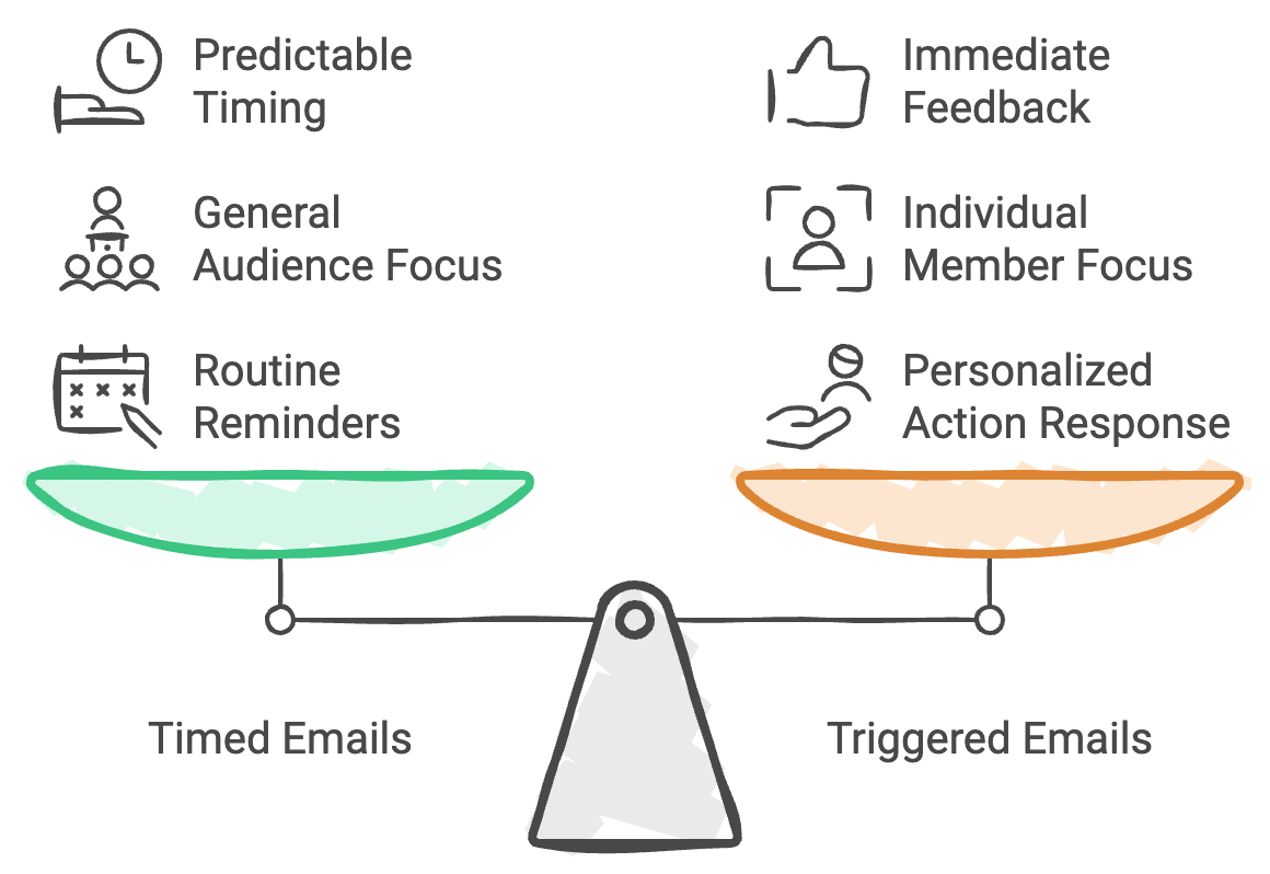 Balanced scale diagram demonstrates the balance between the consistent, broad approach of timed emails and the responsive, personalized approach of triggered emails.