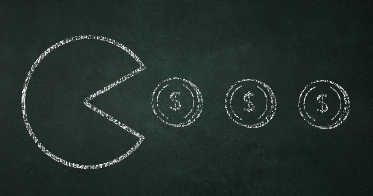 A chalk-drawn Pac-Man eating dollar signs, illustrating the cost of buying email lists.