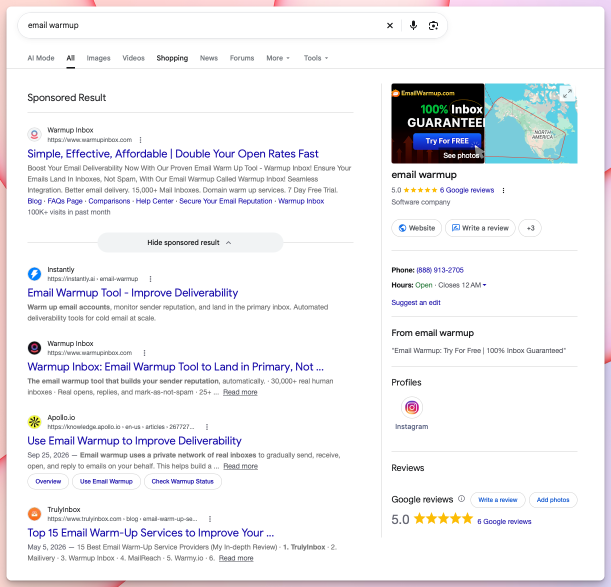 Google search results for "email warmup" with 1 sponsored result, 4 organic results from warmup tools, and a business listing for "email warmup"